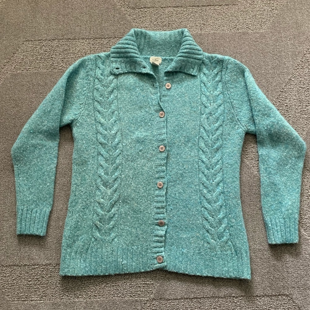L.L. Bean Dark Seafoamy Green Button Front Collared Sweater